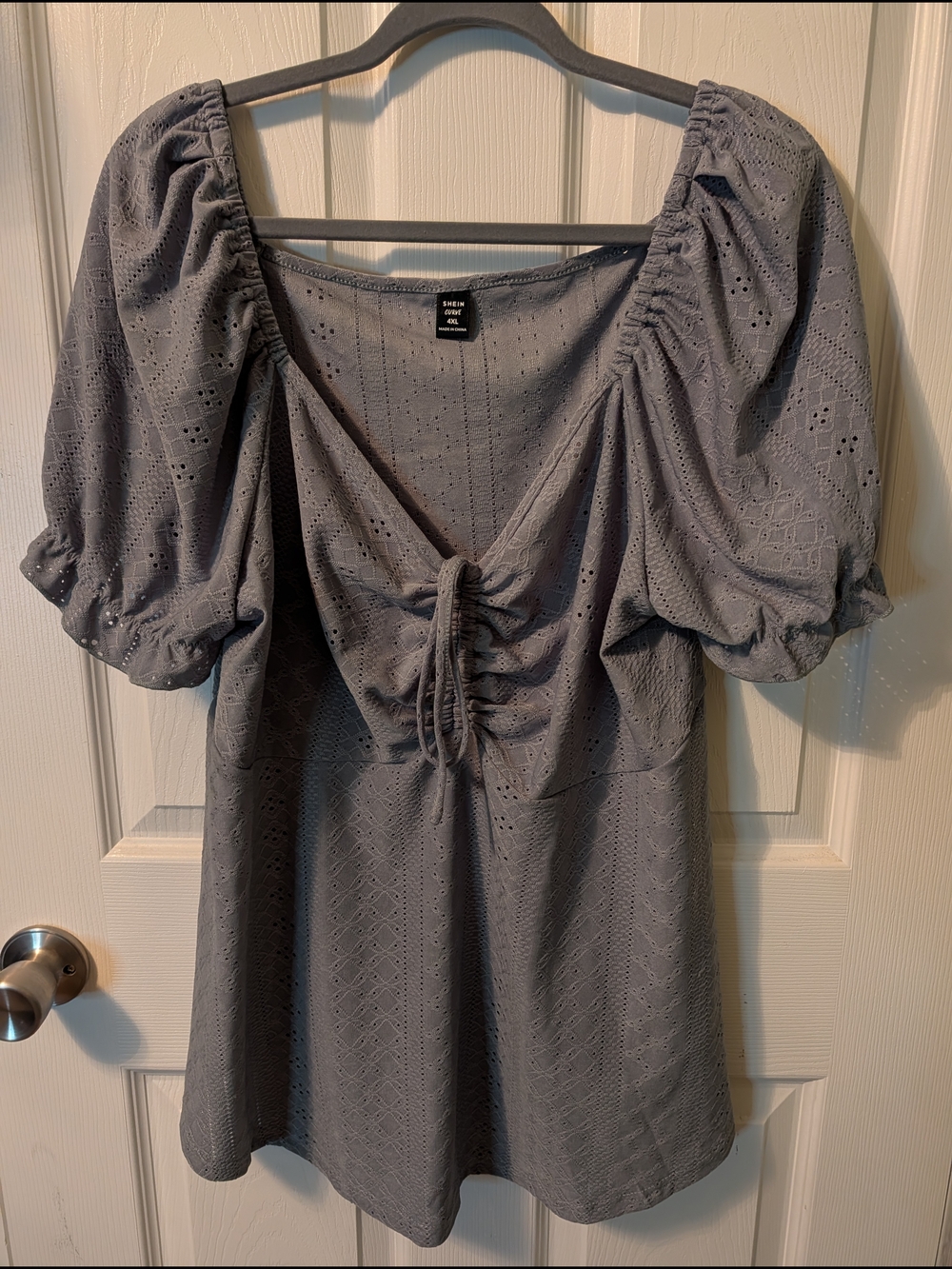 SHEIN Gray Puff-Sleeve Eyelet Mini Top